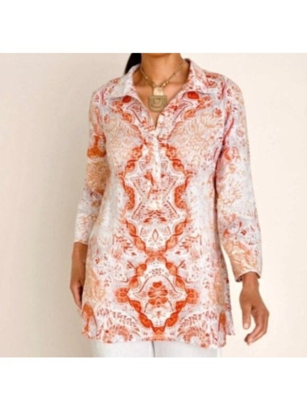 Chico’s 100% Linen Tunic Top Womens Size 0 (4/6) 3/4 Sleeve Medallion Print